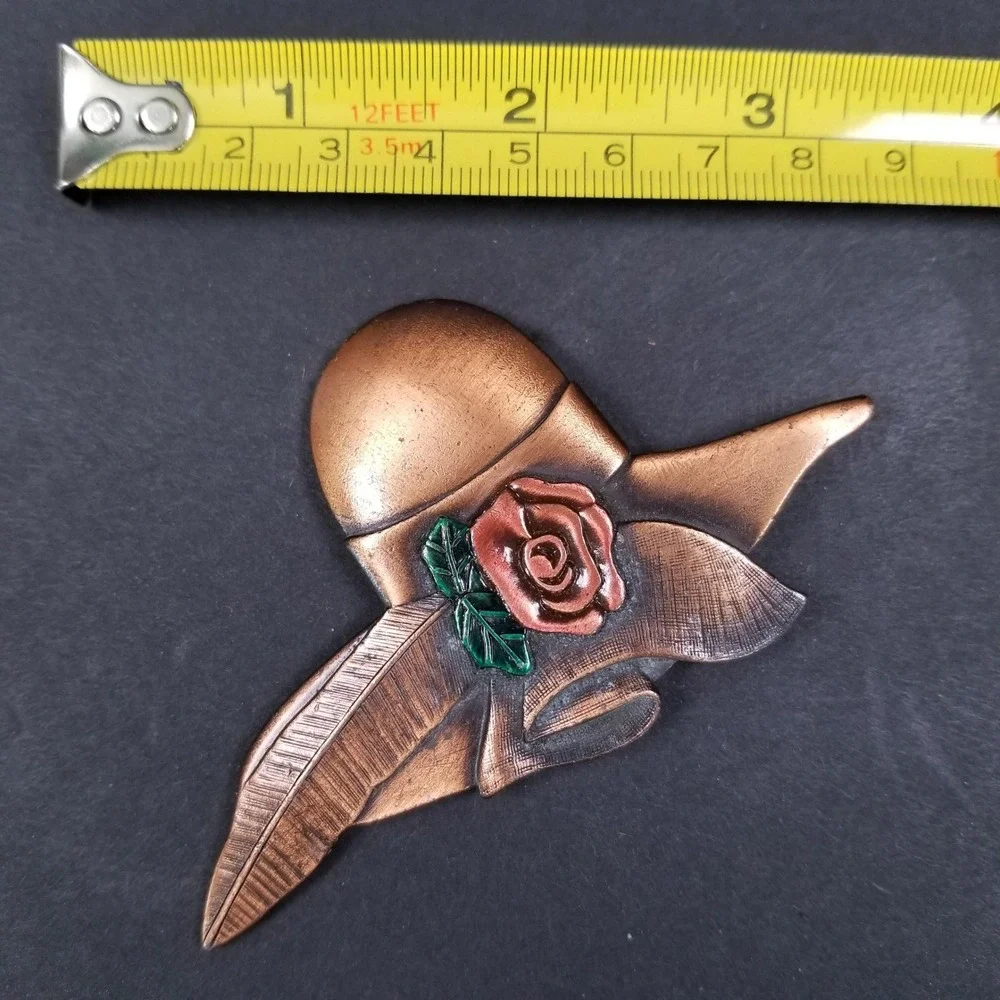 Vintage Copper Tone Sun Hat Brooch with Rose and Feather Detail Enamel Accent